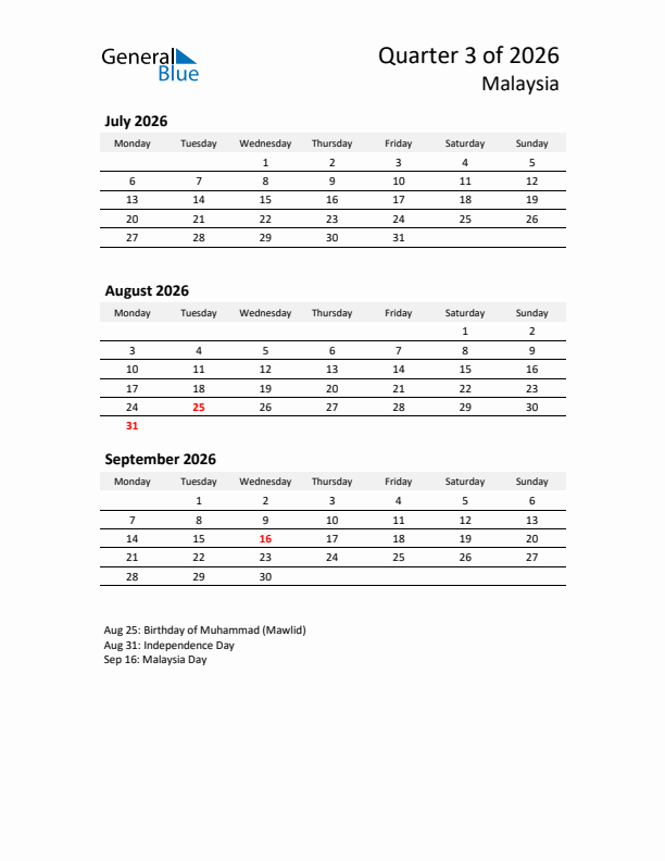 2026 Q3 Three-Month Calendar for Malaysia