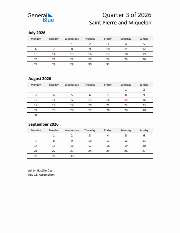 2026 Q3 Three-Month Calendar for Saint Pierre and Miquelon