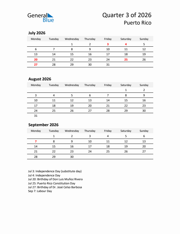 2026 Q3 Three-Month Calendar for Puerto Rico