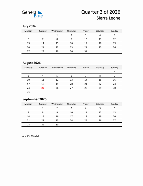 2026 Q3 Three-Month Calendar for Sierra Leone