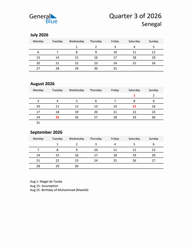 2026 Q3 Three-Month Calendar for Senegal