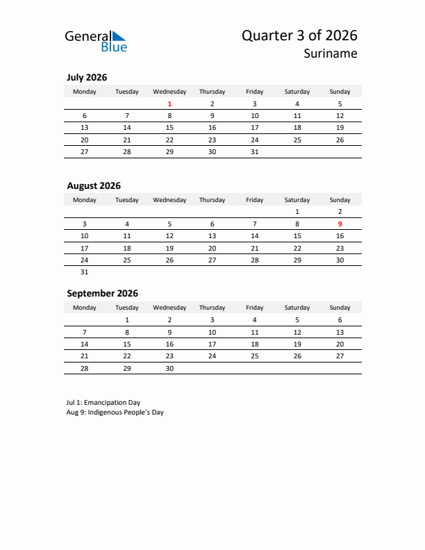 2026 Q3 Three-Month Calendar for Suriname