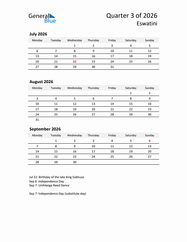 2026 Q3 Three-Month Calendar for Eswatini