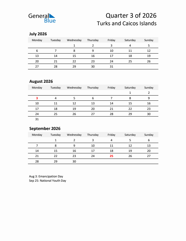 2026 Q3 Three-Month Calendar for Turks and Caicos Islands