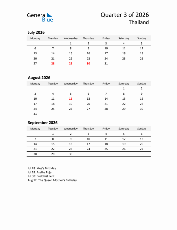 2026 Q3 Three-Month Calendar for Thailand