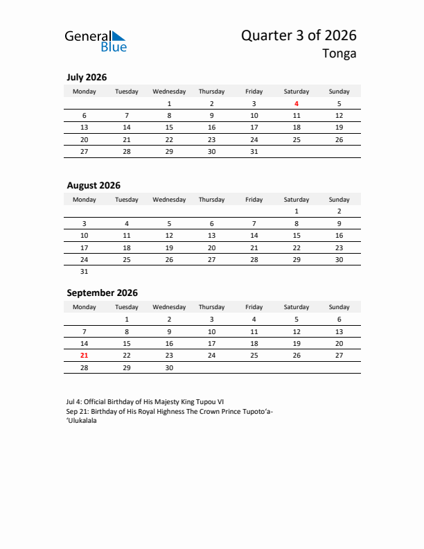 2026 Q3 Three-Month Calendar for Tonga