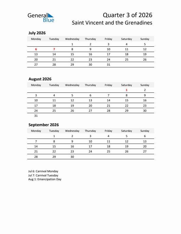 2026 Q3 Three-Month Calendar for Saint Vincent and the Grenadines