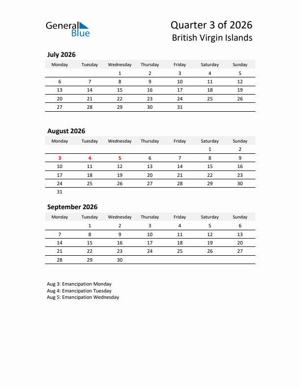 2026 Q3 Three-Month Calendar for British Virgin Islands