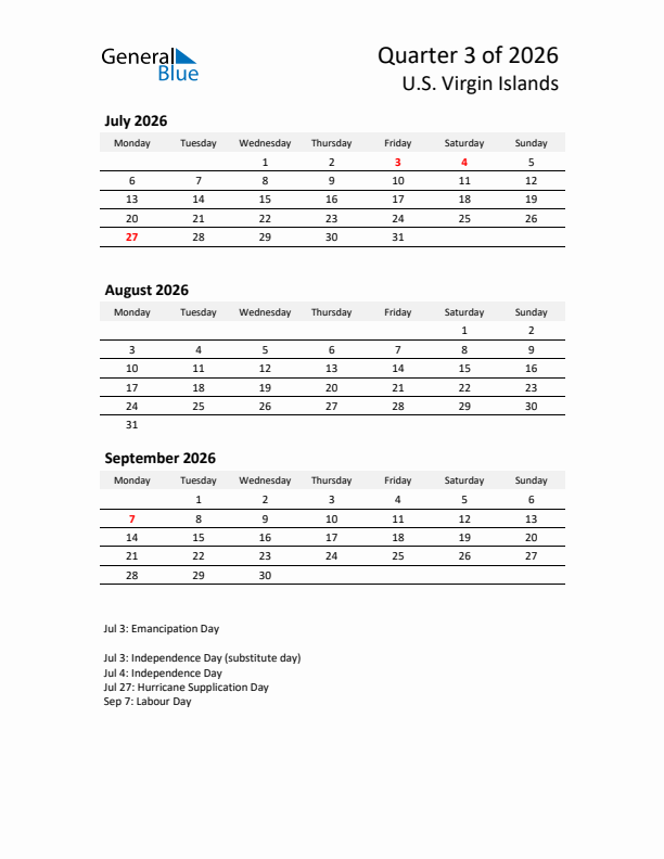 2026 Q3 Three-Month Calendar for U.S. Virgin Islands