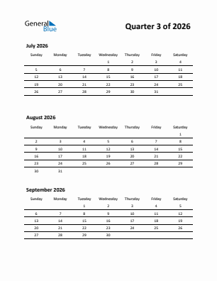 Quarter 3  2026 calendar template