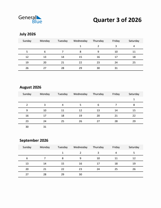 Quarter 3 2026 calendar template