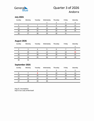 Andorra Quarter 3  2026 calendar template