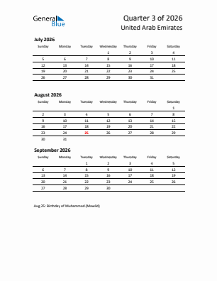 United Arab Emirates Quarter 3  2026 calendar template