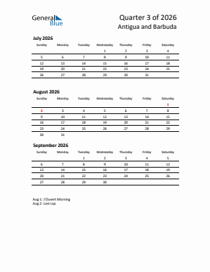 Antigua and Barbuda Quarter 3  2026 calendar template