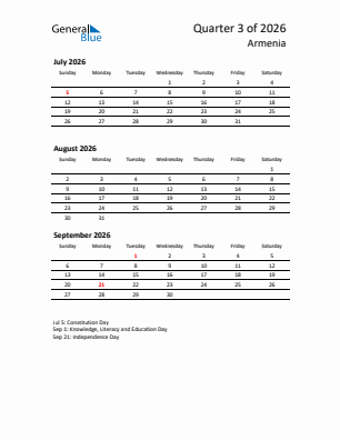 Armenia Quarter 3  2026 calendar template