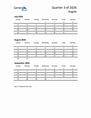 Angola Quarter 3  2026 calendar template