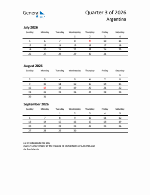 Argentina Quarter 3  2026 calendar template