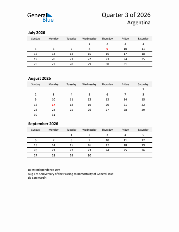 2026 Q3 Three-Month Calendar for Argentina