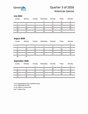 American Samoa Quarter 3  2026 calendar template