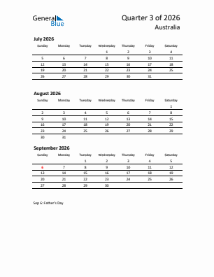 Australia Quarter 3  2026 calendar template