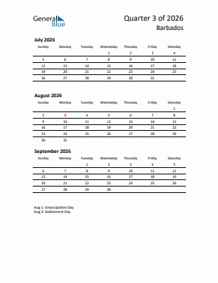 Barbados Quarter 3  2026 calendar template