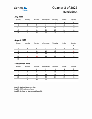 Bangladesh Quarter 3  2026 calendar template