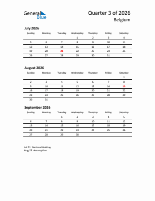Belgium Quarter 3  2026 calendar template