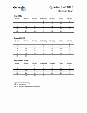 Burkina Faso Quarter 3  2026 calendar template