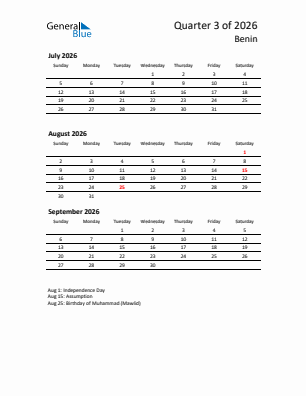 Benin Quarter 3  2026 calendar template
