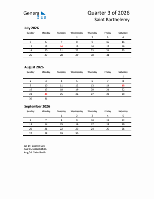 Saint Barthelemy Quarter 3  2026 calendar template