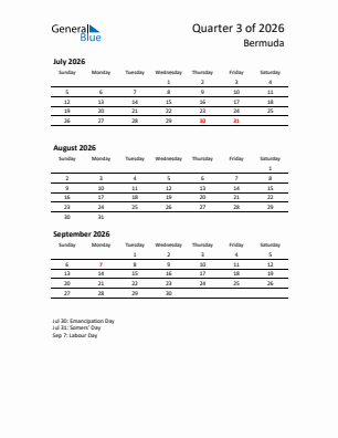 Bermuda Quarter 3  2026 calendar template