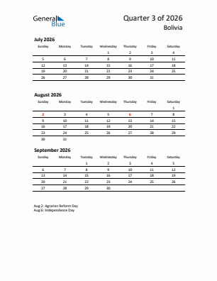 Bolivia Quarter 3  2026 calendar template