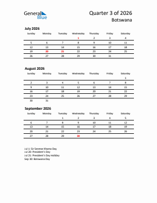 Botswana Quarter 3  2026 calendar template