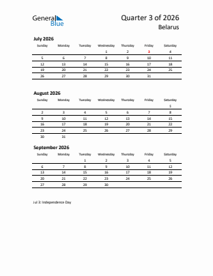 Belarus Quarter 3  2026 calendar template