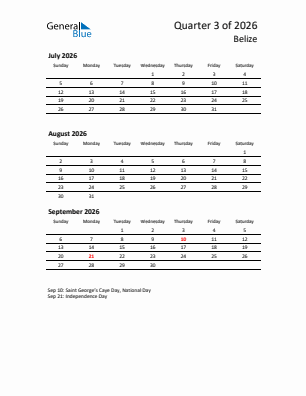 Belize Quarter 3  2026 calendar template