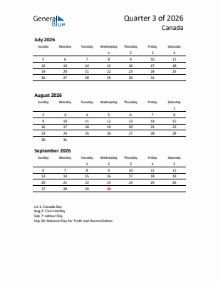 Canada Quarter 3  2026 calendar template