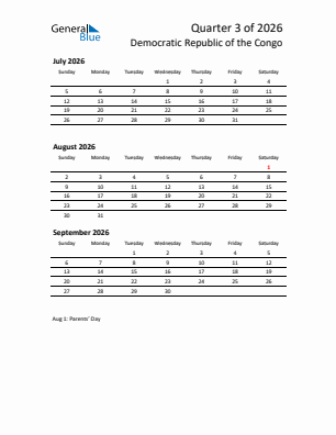 Democratic Republic of the Congo Quarter 3  2026 calendar template