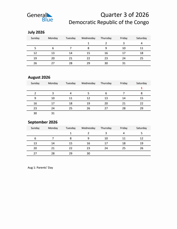 2026 Q3 Three-Month Calendar for Democratic Republic of the Congo