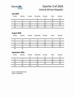 Central African Republic Quarter 3  2026 calendar template