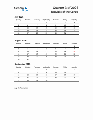 Republic of the Congo Quarter 3  2026 calendar template