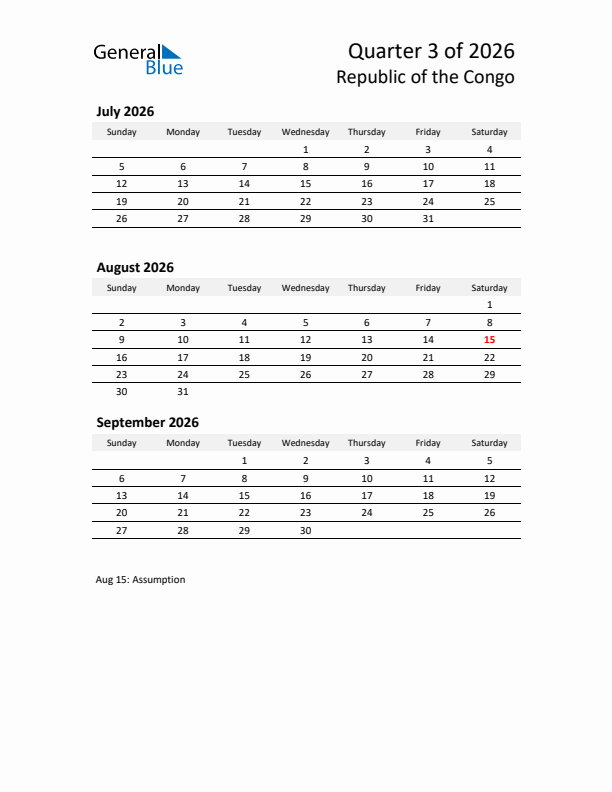 2026 Q3 Three-Month Calendar for Republic of the Congo