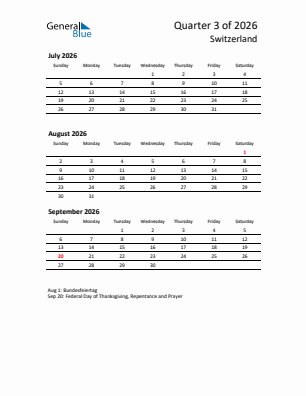 Switzerland Quarter 3  2026 calendar template