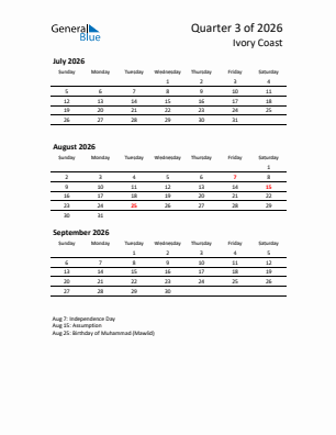 Ivory Coast Quarter 3  2026 calendar template