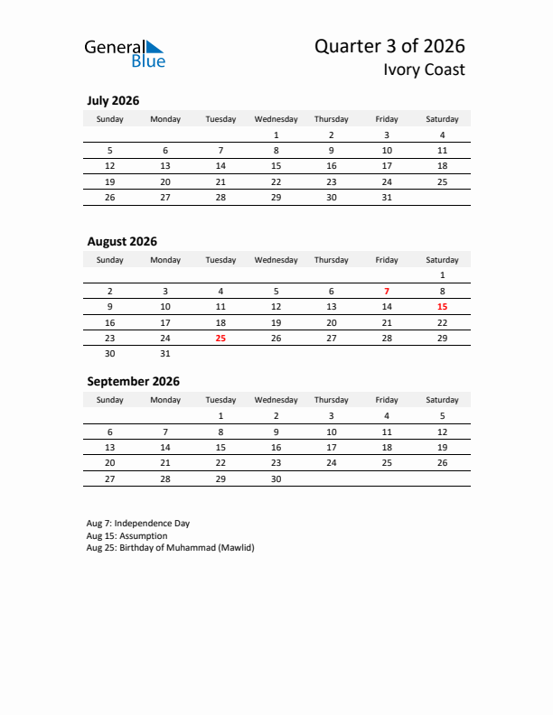 2026 Q3 Three-Month Calendar for Ivory Coast