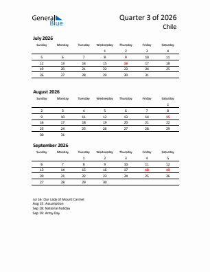 Chile Quarter 3  2026 calendar template