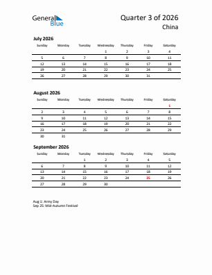 China Quarter 3  2026 calendar template