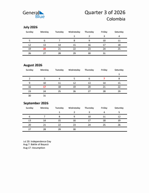 Colombia Quarter 3  2026 calendar template