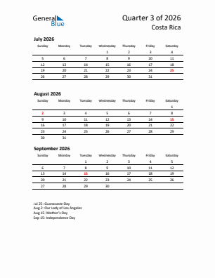 Costa Rica Quarter 3  2026 calendar template