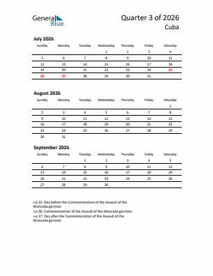 Cuba Quarter 3  2026 calendar template