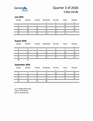 Cabo Verde Quarter 3  2026 calendar template